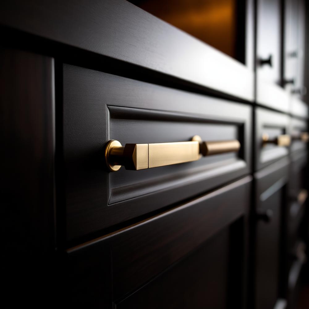 Brass hardware detail on cabinet front