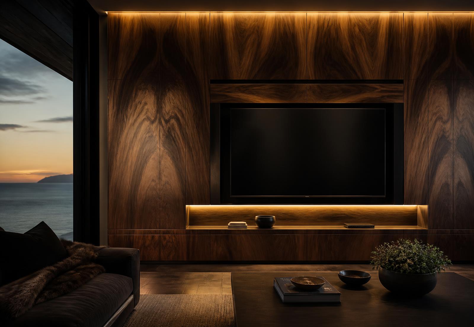 Book-matched walnut media wall with concealed lighting