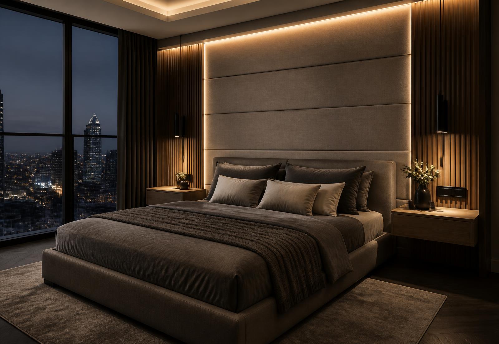 Upholstered headboard wall with floating oak nightstands