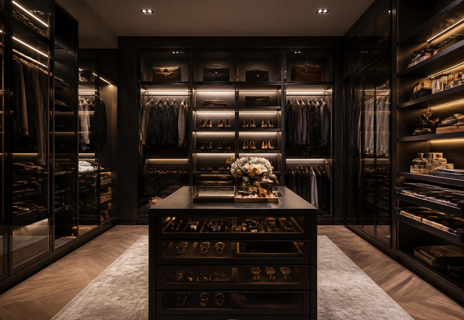 Dark fitted dressing room with lit glass display cabinets