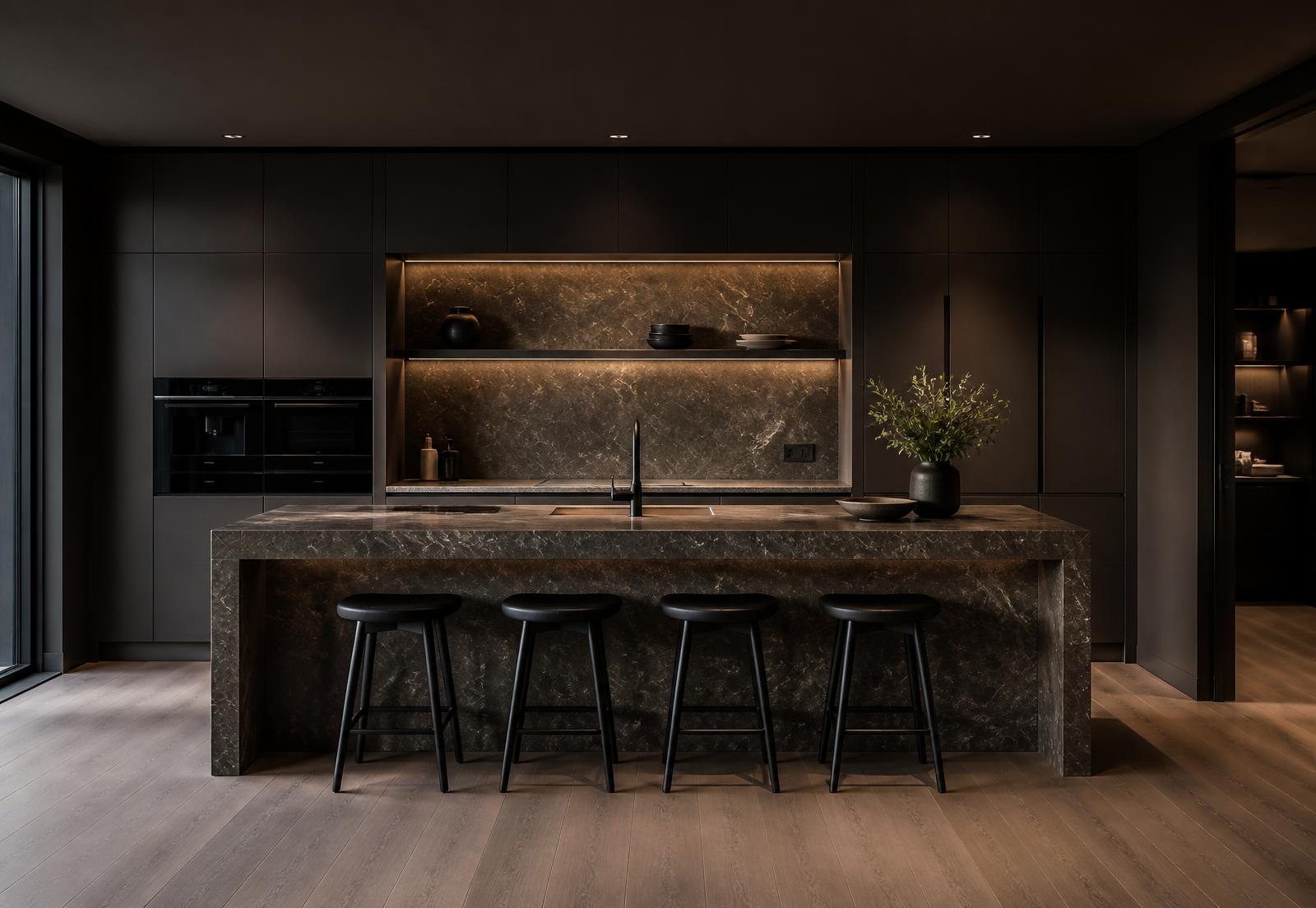 Dark matte kitchen with stone-wrapped island