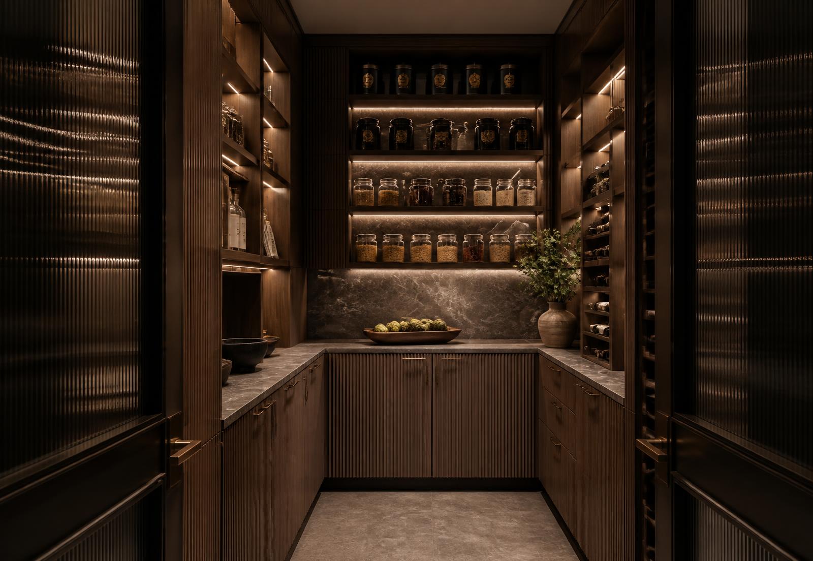 Walk-in pantry with fluted wood fronts and stone counters