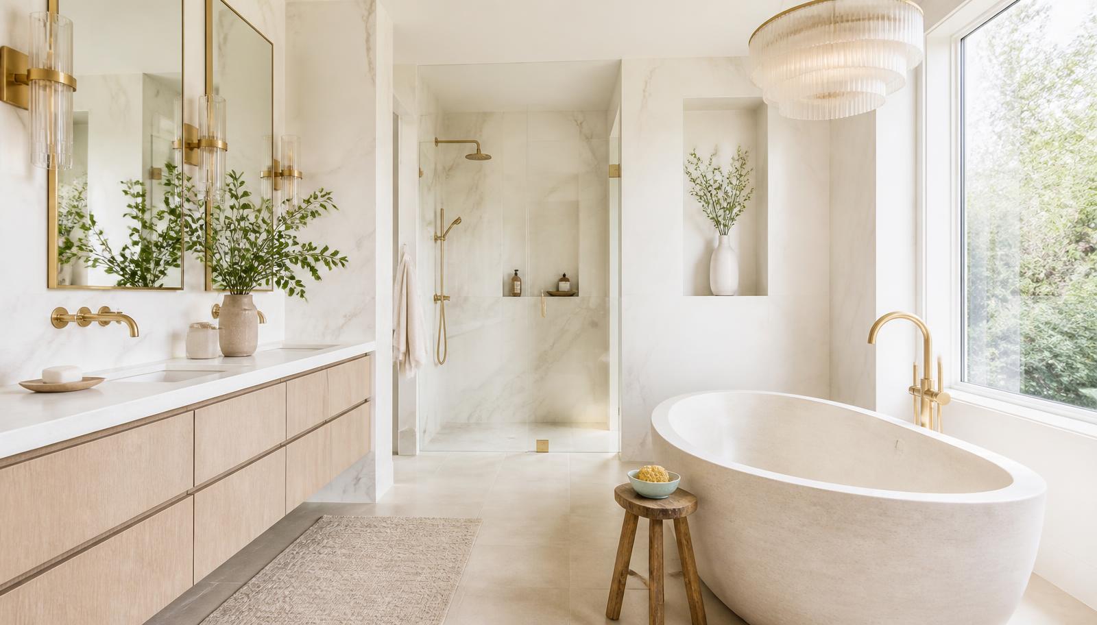 Catalog page showing a bright marble primary bathroom