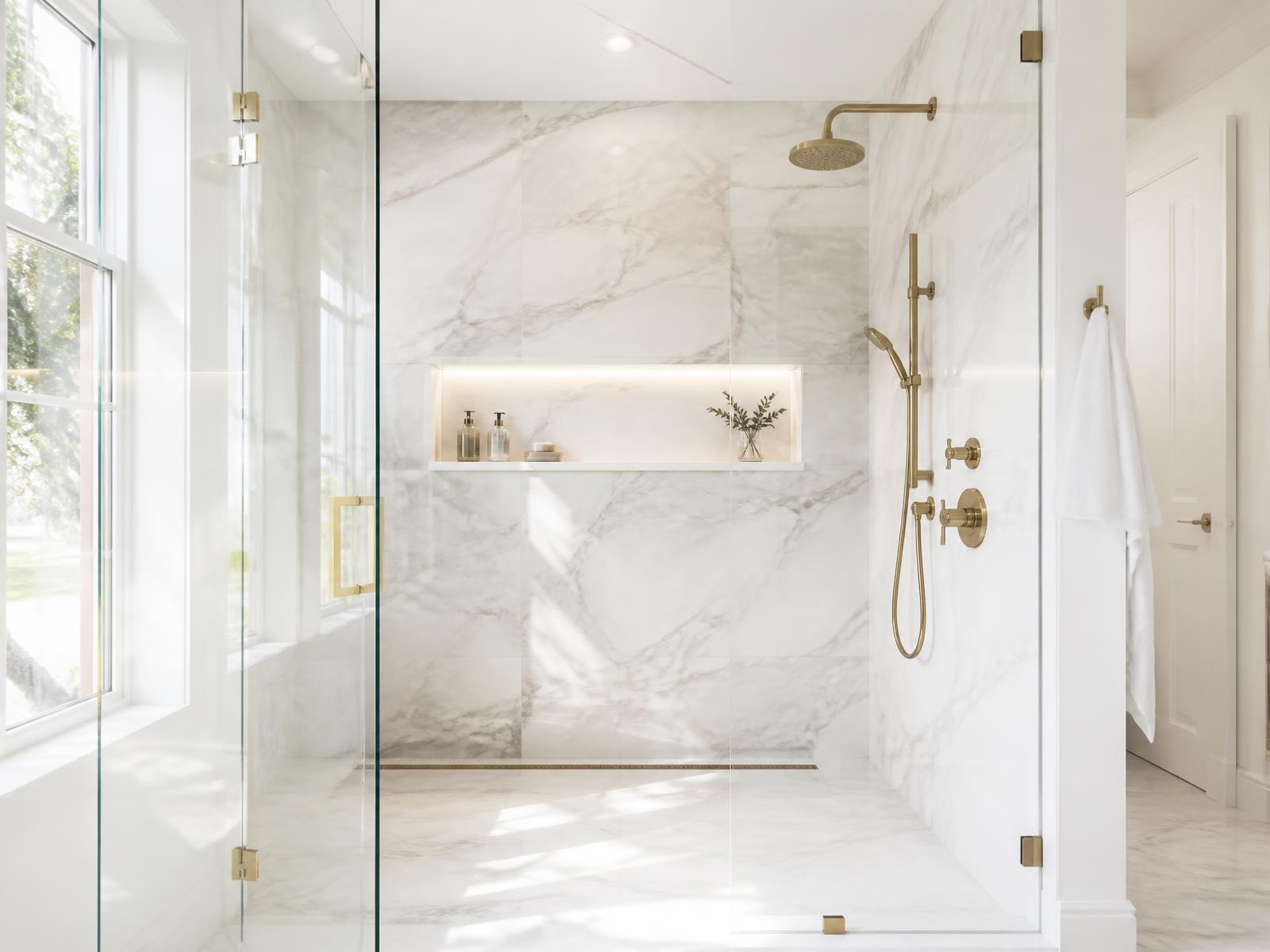 Walk-in shower with large-format white marble and lit niche
