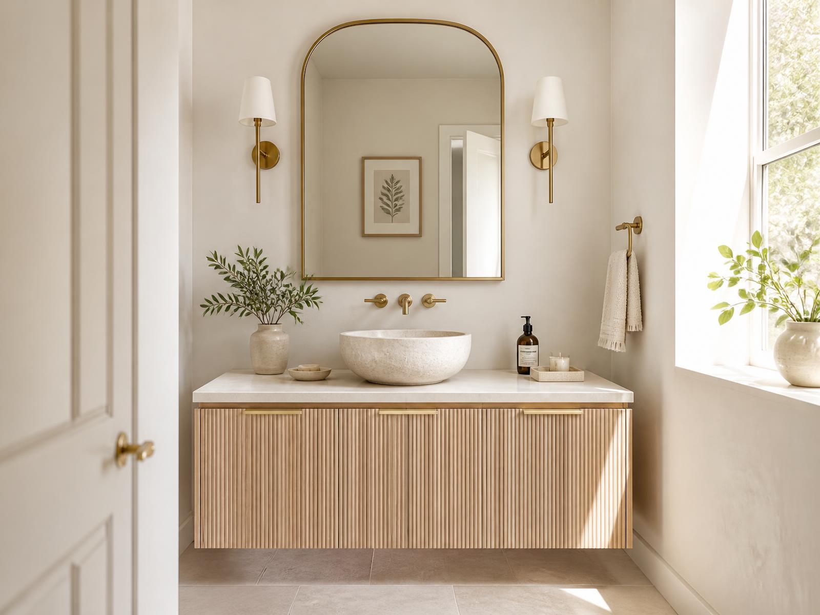 Powder room with fluted oak vanity, stone vessel sink and brass sconces