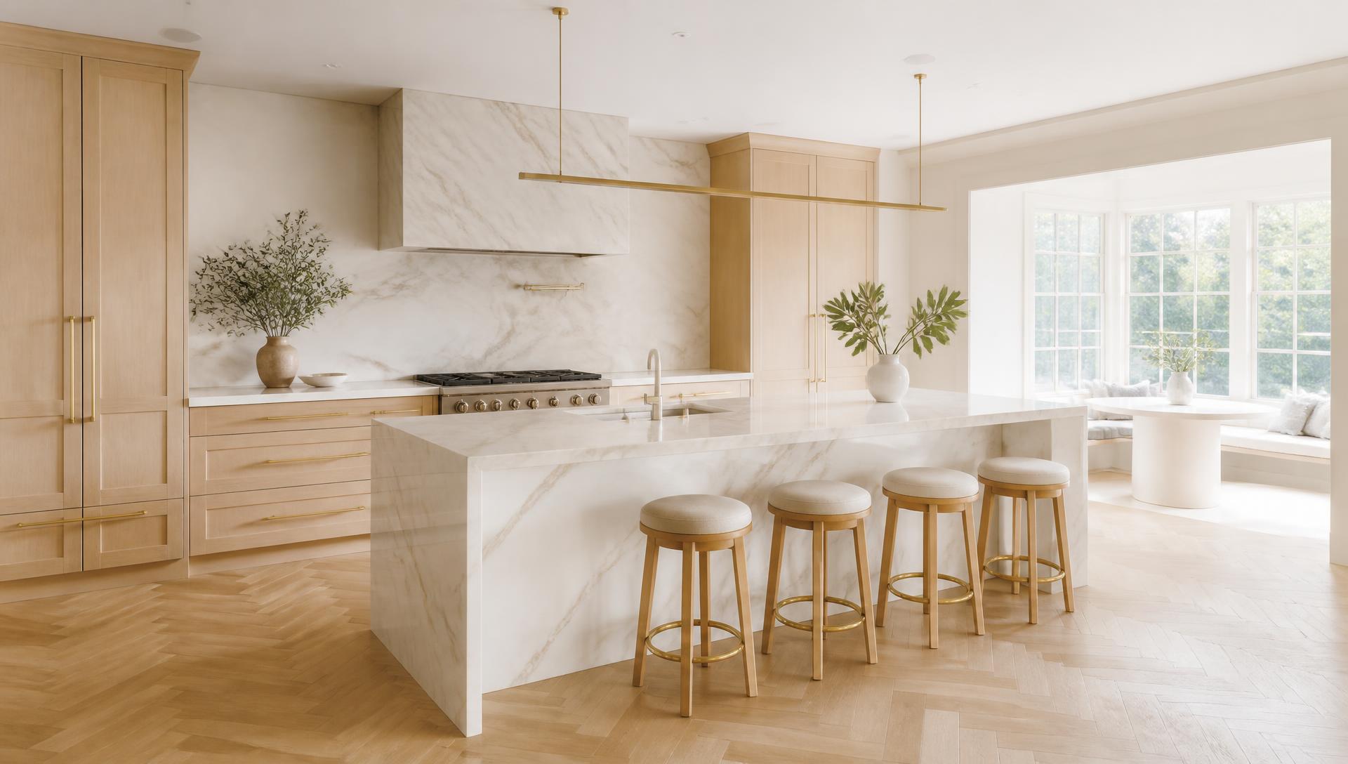 Bright remodeled luxury kitchen with marble island and light oak cabinetry