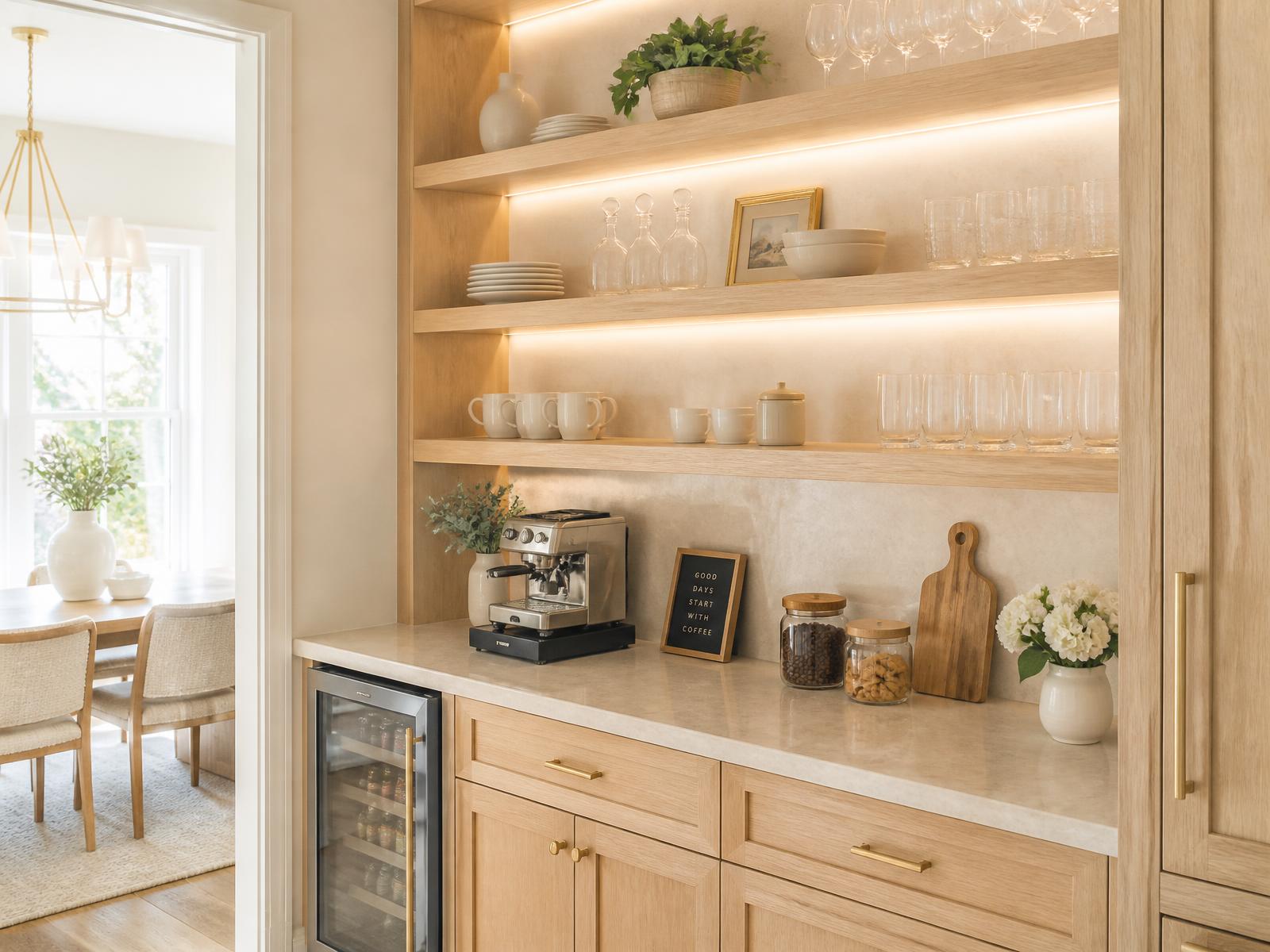 Butler pantry and coffee station in white oak with backlit shelves