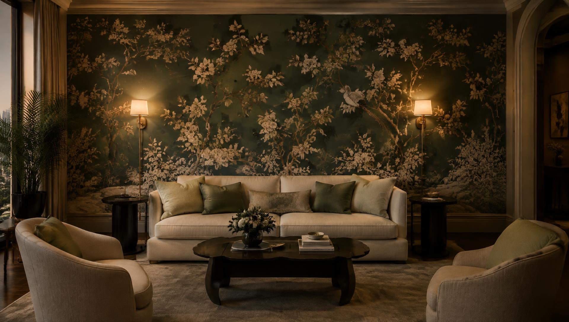 Hand-printed chinoiserie wallpaper mural installed in a luxury Miami living room
